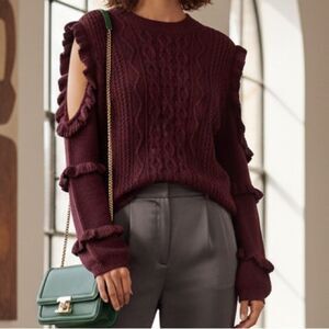 Burgundy Cable Knit Ruffle Sleeve Express Cold Shoulder Sweater Size S Small
